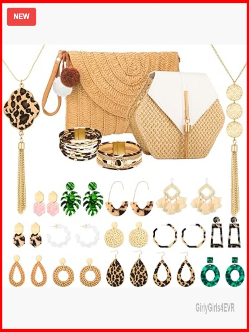 20-Piece Boho Jewelry Set with Woven Straw Crossbody Bag, Earrings, Necklaces